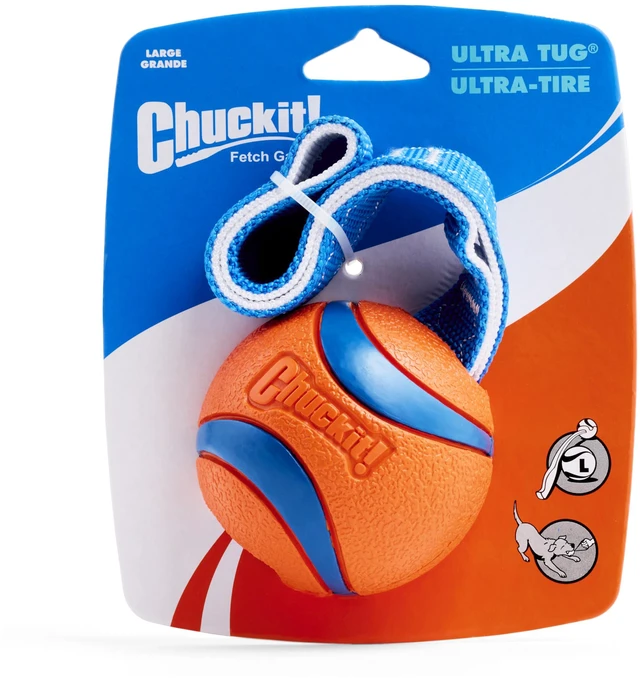 Alt view image 5 of 6 - Ultra Tug Dog Toy, Durable Nylon Cord Handle, Large 3-in | Ultra Ball on a Tug-of-War Handle Offers Fetch and Tug Play for Large Breeds 60-100 lbs in Orange and Blue