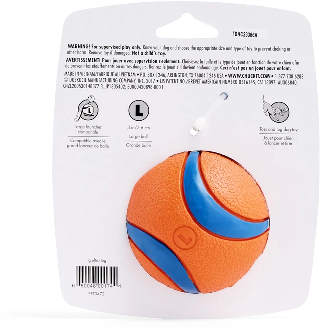 Alt view image 6 of 6 - Ultra Tug Dog Toy, Durable Nylon Cord Handle, Large 3-in | Ultra Ball on a Tug-of-War Handle Offers Fetch and Tug Play for Large Breeds 60-100 lbs in Orange and Blue
