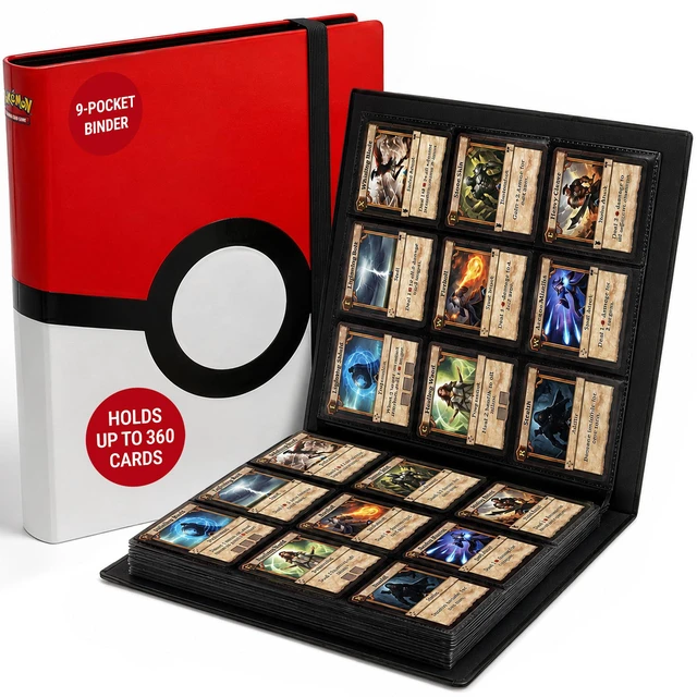 Main image of Pokemon Card Binder 9 Pocket Full-View with Poke Ball Design | Holds 360 Sleeved Cards with Side-Loading Pockets, Elastic Strap Closure, and 40 Integrated Pages for Organized Storage