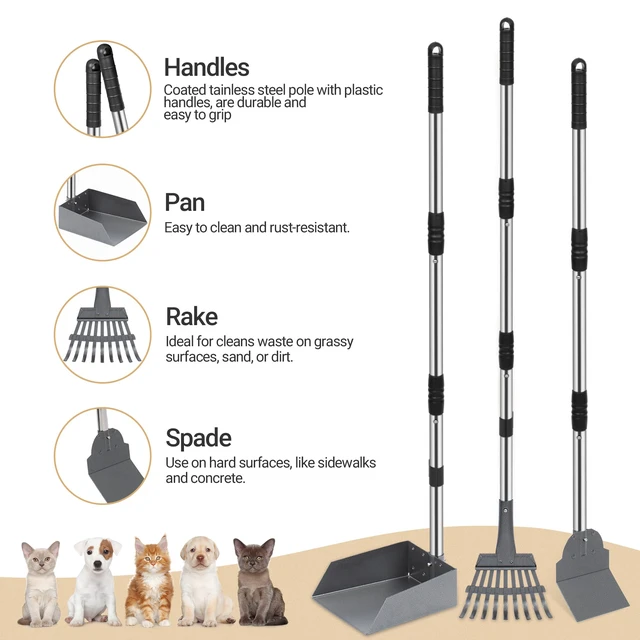 Alt view image 2 of 7 - Dog Pooper Scooper, Dog Poop Tray and Rake Set with Long Stainless Handles | Pet Waste Removal Scoop with Adjustable Sectional Handles