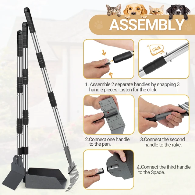 Alt view image 4 of 7 - Dog Pooper Scooper, Dog Poop Tray and Rake Set with Long Stainless Handles | Pet Waste Removal Scoop with Adjustable Sectional Handles