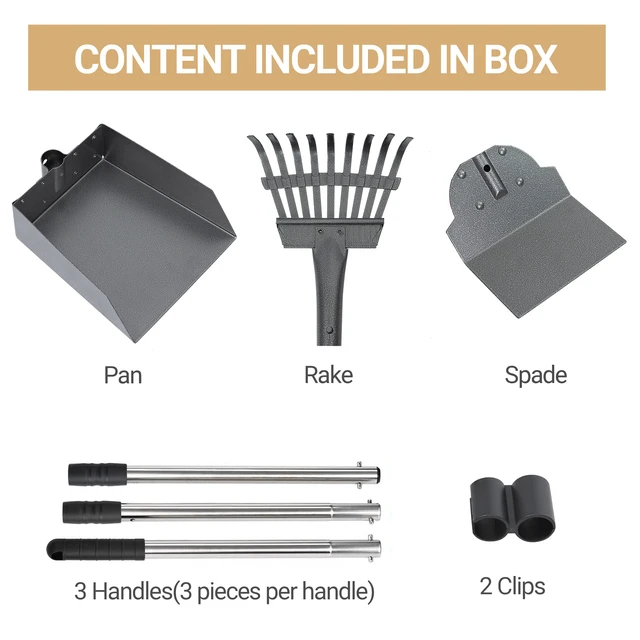 Alt view image 5 of 7 - Dog Pooper Scooper, Dog Poop Tray and Rake Set with Long Stainless Handles | Pet Waste Removal Scoop with Adjustable Sectional Handles