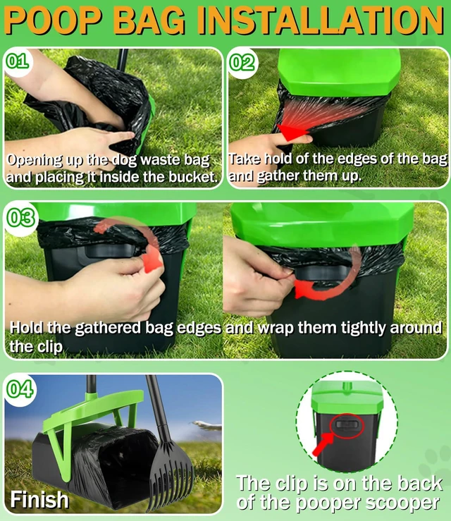 Alt view image 5 of 7 - Dog Pooper Scooper, Swivel Bin & Rake Set with 100 Waste Bags | Bag Attachment & Lid for Hands-Free Waste Cleanup on Lawn, Yard & Kennel. Designed for Small, Medium & Large Dogs.
