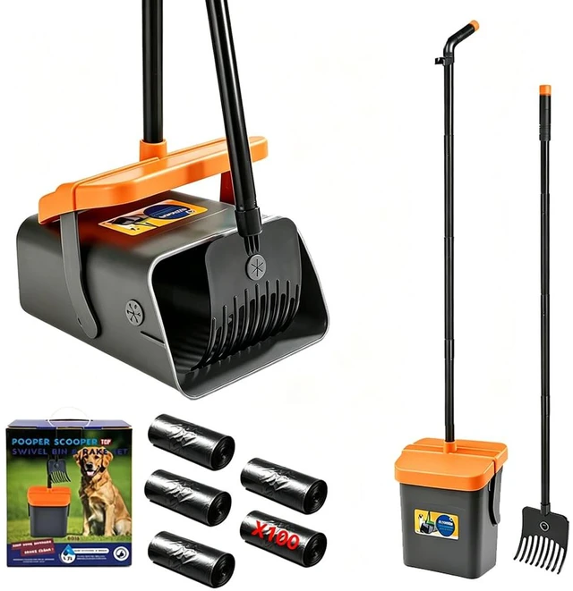 Main image of Pooper Scooper, 46" Long Handle Heavy Duty Picker-Upper, Swivel Bin Rake Kit with Bag Attachment, 100 Waste Bags for Small Large Dogs Puppy Poop Trash Litter Cleanup Yard Outdoor Pet Essentials