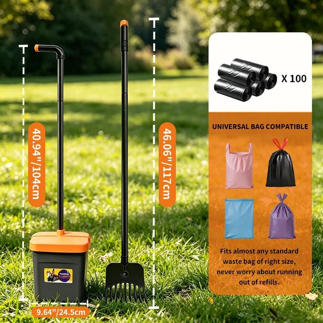 Alt view image 3 of 7 - Pooper Scooper, 46" Long Handle Heavy Duty Picker-Upper, Swivel Bin Rake Kit with Bag Attachment, 100 Waste Bags for Small Large Dogs Puppy Poop Trash Litter Cleanup Yard Outdoor Pet Essentials