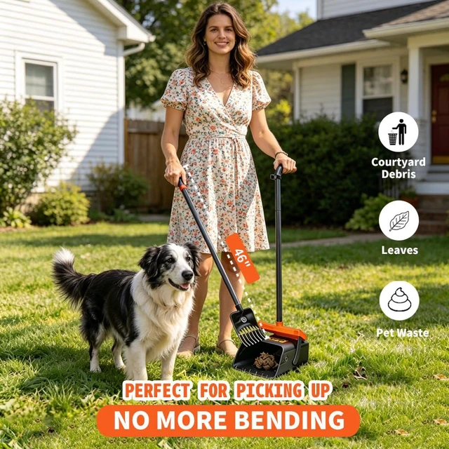 Alt view image 5 of 7 - Pooper Scooper, 46" Long Handle Heavy Duty Picker-Upper, Swivel Bin Rake Kit with Bag Attachment, 100 Waste Bags for Small Large Dogs Puppy Poop Trash Litter Cleanup Yard Outdoor Pet Essentials