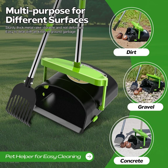 Alt view image 2 of 7 - 33.4" Dog Pooper Scooper Swivel Bin & Rake Kit with 100 Waste Bags | Long Handle Heavy Duty Pet Poop, Stainless Steel, Easy to Install, Odor-proof Lid for All Dog Sizes-Yard/Lawn/Outdoor Use