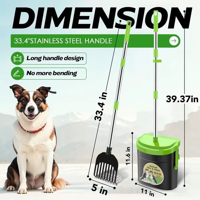 Alt view image 5 of 7 - 33.4" Dog Pooper Scooper Swivel Bin & Rake Kit with 100 Waste Bags | Long Handle Heavy Duty Pet Poop, Stainless Steel, Easy to Install, Odor-proof Lid for All Dog Sizes-Yard/Lawn/Outdoor Use