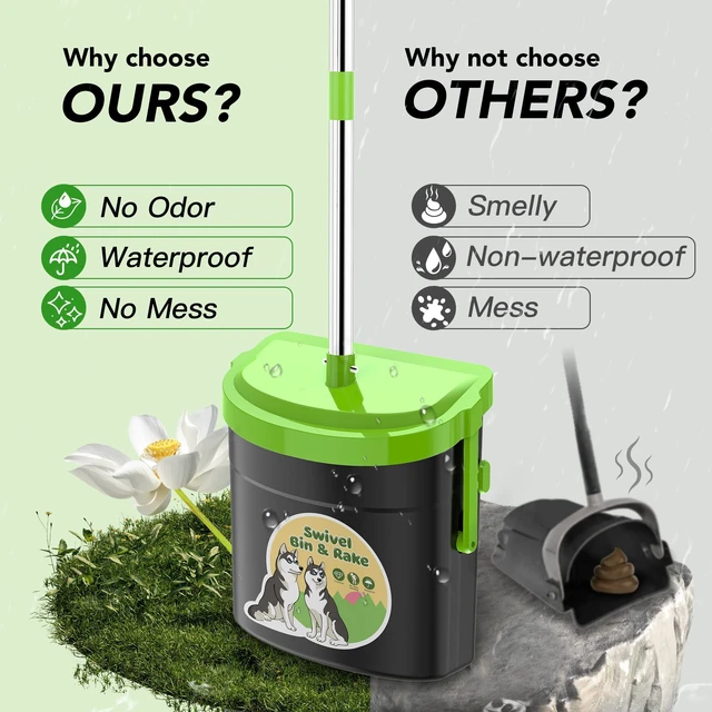 Alt view image 4 of 7 - 33.4" Dog Pooper Scooper Swivel Bin & Rake Kit with 100 Waste Bags | Long Handle Heavy Duty Pet Poop, Stainless Steel, Easy to Install, Odor-proof Lid for All Dog Sizes-Yard/Lawn/Outdoor Use