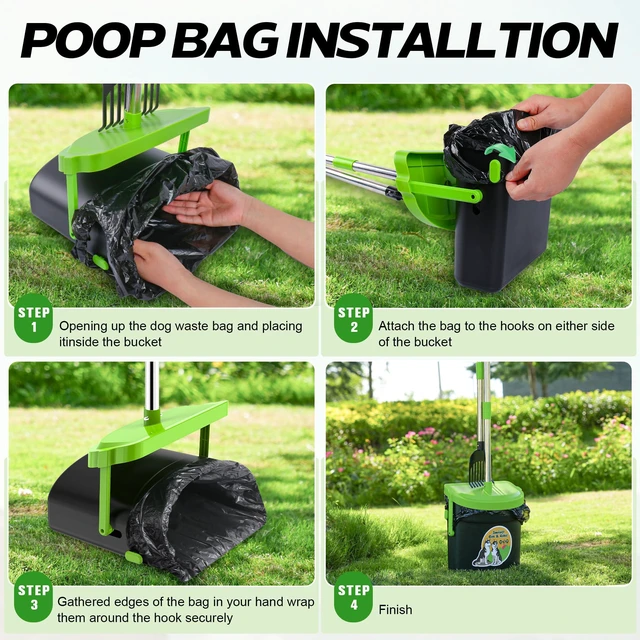 Alt view image 6 of 7 - 33.4" Dog Pooper Scooper Swivel Bin & Rake Kit with 100 Waste Bags | Long Handle Heavy Duty Pet Poop, Stainless Steel, Easy to Install, Odor-proof Lid for All Dog Sizes-Yard/Lawn/Outdoor Use