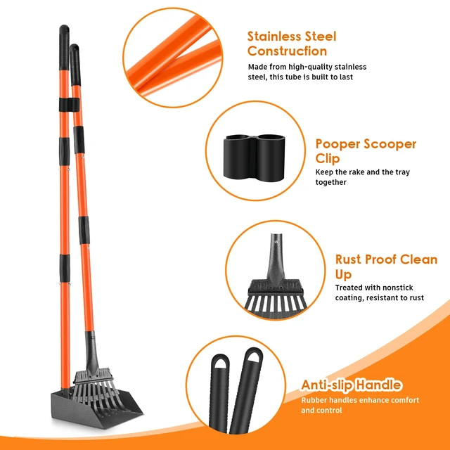 Alt view image 2 of 7 - Pooper Scooper, Long Handle Dog Poop Scooper for Medium Small Dogs | Heavy Duty, Pet Supplies Metal Tray Rake, Stainless Steel, Rust-Resistant, 37"+ Handle No Bending, Use on Grass Dirt Gravel