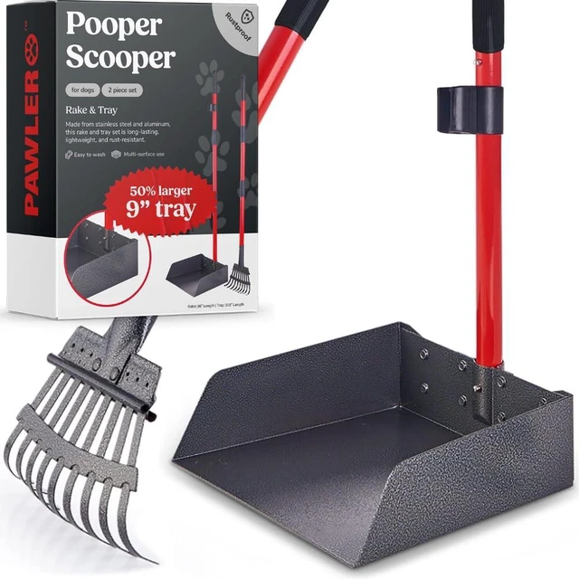 Main image of Metal Pooper Scooper for Dogs with Heavy Duty Long Handle Rake & XL Tray | Rustproof Aluminum Poop Scooper for Large Dogs with 9W 9.5L Extra Large Tray for Yard, Grass, Dirt & Gravel
