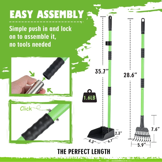 Alt view image 6 of 7 - Pooper Scooper, Dog Pooper Scooper Long Handle Stainless Metal Tray and Rake Set for Medium Small Dogs Heavy Duty - Use on Grass, Dirt or Gravel - Pet Supplies (Green)