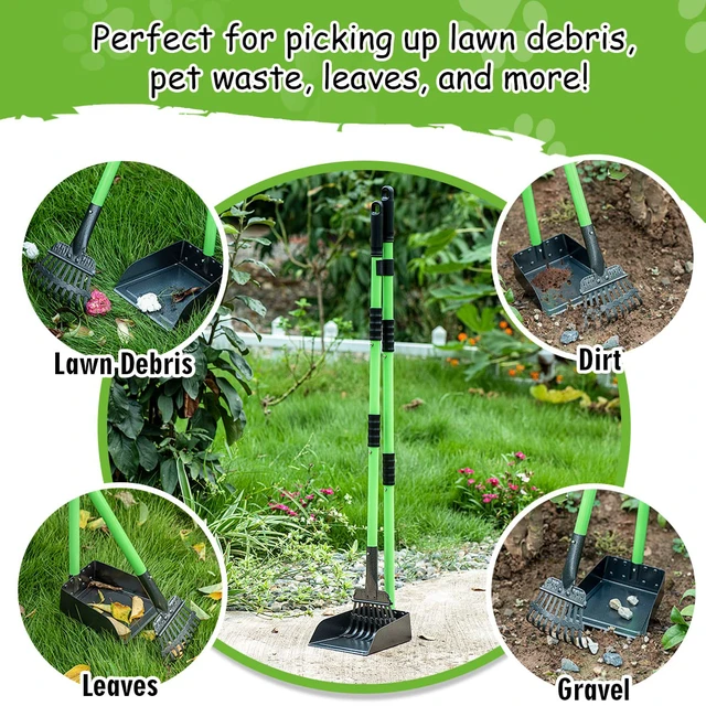 Alt view image 7 of 7 - Pooper Scooper, Dog Pooper Scooper Long Handle Stainless Metal Tray and Rake Set for Medium Small Dogs Heavy Duty - Use on Grass, Dirt or Gravel - Pet Supplies (Green)