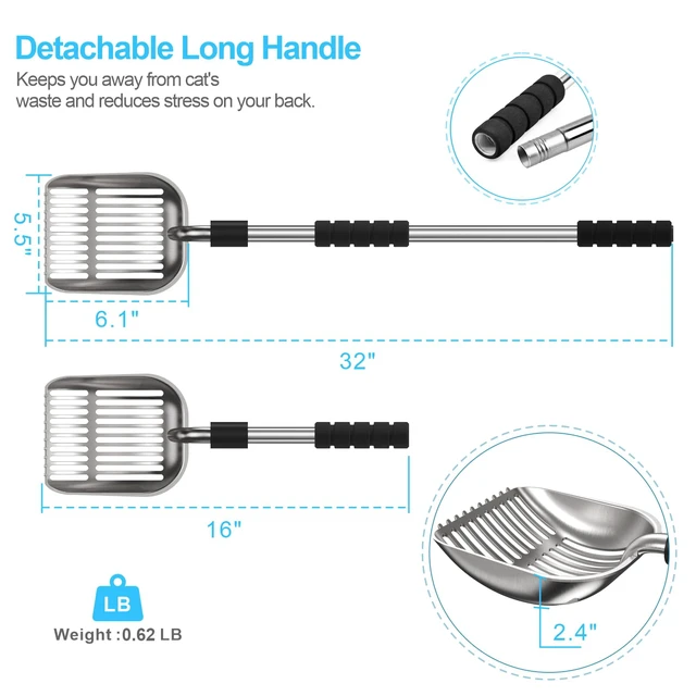 Alt view image 4 of 7 - Cat Litter Scoop, Long Handle Metal Litter Scooper - No Bending | Detachable, Deep Shovel, Comfort Foam Grip, Easy & Fast Sifting, Heavy Duty Stainless Steel, Litter Sifter with Storage Hook