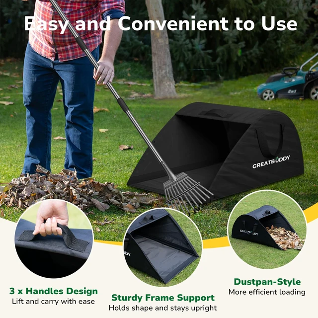 Alt view image 5 of 7 - Leaf Collector, Portable Lawn Bag, 26 Gallon Yard Waste Bag Oxford Fabric for Garden, Reusable Heavy Duty Dustpan Bag with Handles, Leaf Cleanup Tools for Debris, Grass and Trash