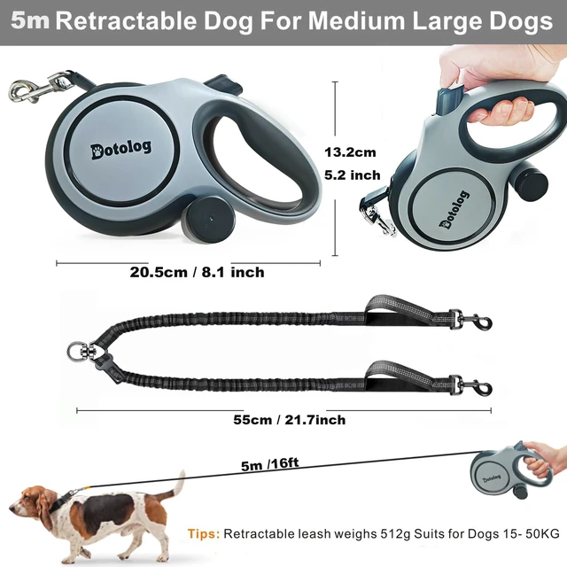 Alt view image 7 of 7 - Retractable Dog Leash,16ft Retractable Lead with Bungee Leads for 2 Dogs,Double Leash with Dog Safety Harness Buckle, Extendable Lead 5m for Medium Large Dogs (Gray, 5m)