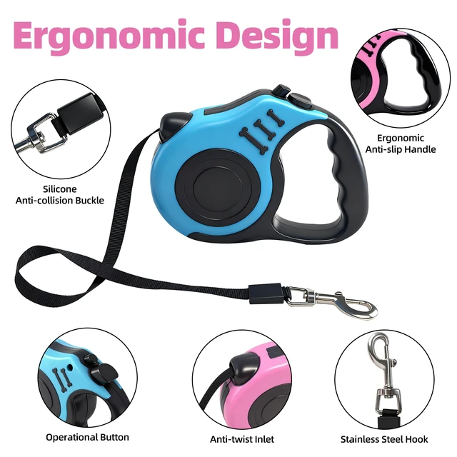 Alt view image 4 of 7 - 2 Pcs 16.5Ft Retractable Dog Leash,Up to 33 lbs,Blue and Pink | Dog Walking Leash,360° Tangle Free Walking with One-Handed Brake,Pause,Lock,Anti-Slip Rubberized Handle Lake