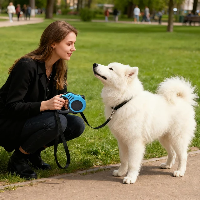 Alt view image 6 of 7 - 2 Pcs 16.5Ft Retractable Dog Leash,Up to 33 lbs,Blue and Pink | Dog Walking Leash,360° Tangle Free Walking with One-Handed Brake,Pause,Lock,Anti-Slip Rubberized Handle Lake