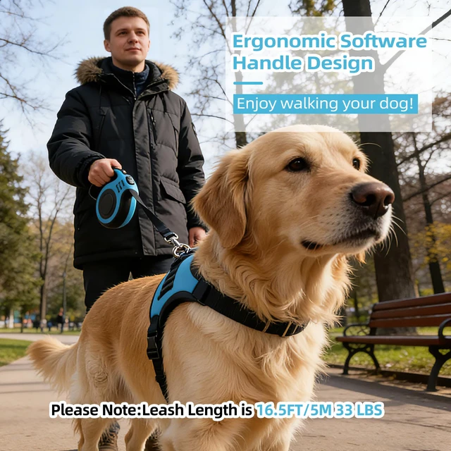 Alt view image 7 of 7 - 2 Pcs 16.5Ft Retractable Dog Leash,Up to 33 lbs,Blue and Pink | Dog Walking Leash,360° Tangle Free Walking with One-Handed Brake,Pause,Lock,Anti-Slip Rubberized Handle Lake