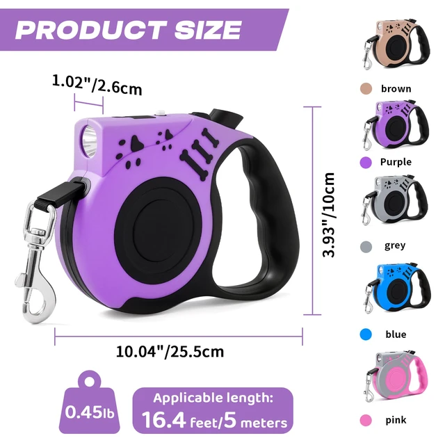 Alt view image 3 of 7 - Retractable Dog Leash with USB Rechargeable Flashlight, Purple | 16FT Automatic Telescopic Tractor Dog Leash, Durable ABS Case and Comfort Grip, Designed for Small Medium Dogs Up to 30lbs