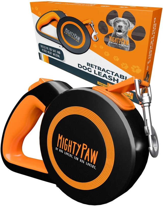 Main image of Retractable Dog Leash 2.0 | 16' Heavy Duty Reflective Nylon Tape Lead for Pets up to 0-50 lbs. Tangle Free Design W/One Touch Quick-Lock Braking System & Anti-Slip Handle (Orange/Lite)