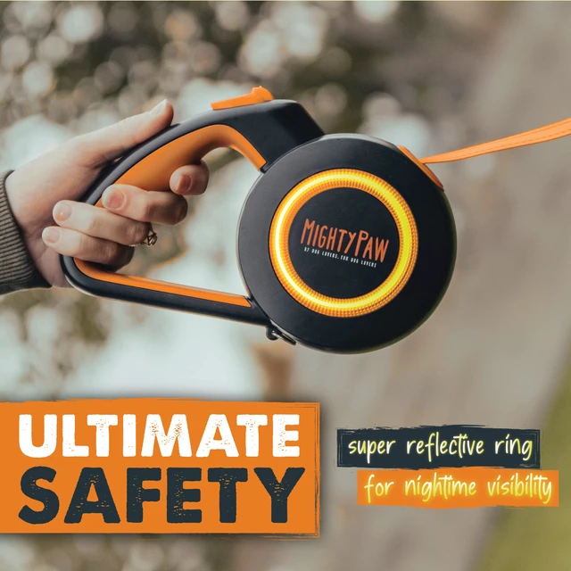 Alt view image 4 of 7 - Retractable Dog Leash 2.0 | 16' Heavy Duty Reflective Nylon Tape Lead for Pets up to 0-50 lbs. Tangle Free Design W/One Touch Quick-Lock Braking System & Anti-Slip Handle (Orange/Lite)