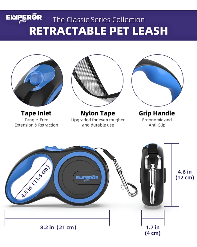 Alt view image 2 of 7 - Retractable Dog Leash, 26 ft, Up to 110lbs, Blue -BL26 | Heavy-duty leash for large dogs to 110 lbs, great for hikes & parks. Anti-slip grip, tangle-free tape, 360° swivel hook