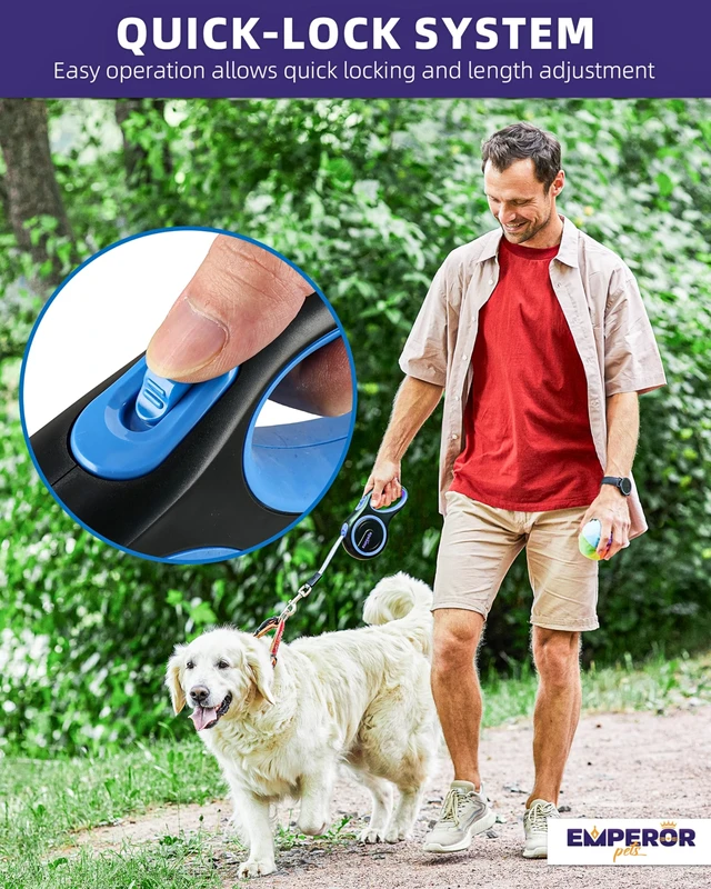 Alt view image 3 of 7 - Retractable Dog Leash, 26 ft, Up to 110lbs, Blue -BL26 | Heavy-duty leash for large dogs to 110 lbs, great for hikes & parks. Anti-slip grip, tangle-free tape, 360° swivel hook