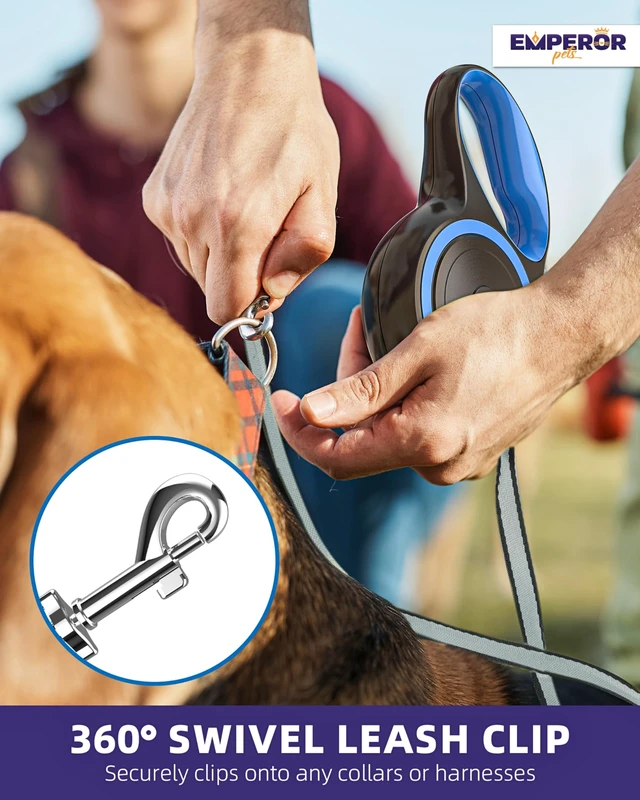 Alt view image 5 of 7 - Retractable Dog Leash, 26 ft, Up to 110lbs, Blue -BL26 | Heavy-duty leash for large dogs to 110 lbs, great for hikes & parks. Anti-slip grip, tangle-free tape, 360° swivel hook