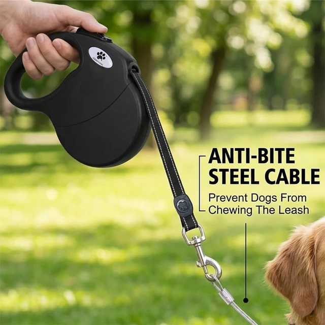 Alt view image 2 of 7 - 16ft Retractable Dog Leash for Large Breed Dogs up to 110 lbs with a Detachable Chew Proof Extender Wire Ropes (Black L)