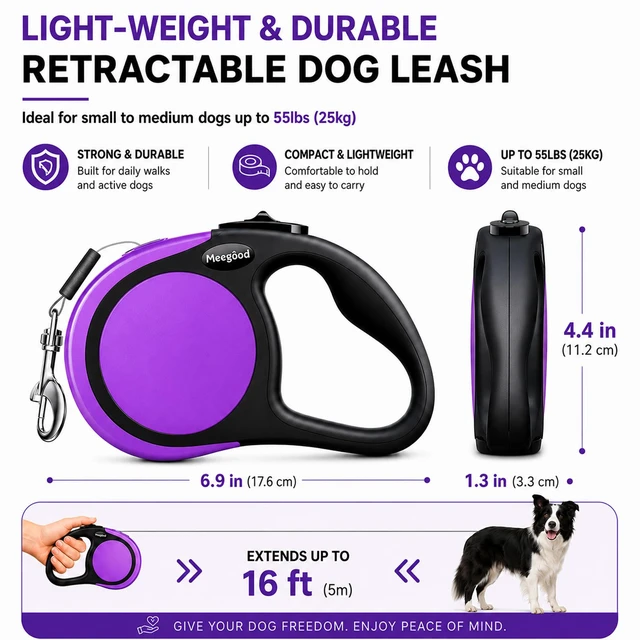 Alt view image 2 of 7 - Heavy Duty Retractable Dog Leash-16ft Strong & Durable Walking Leash for S to L Dogs up to 45/115 lbs, Upgraded Lock System, Non Slip Grip, Tangle Free (Purple, Small/Medium)