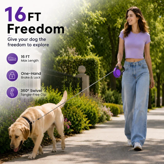 Alt view image 3 of 7 - Heavy Duty Retractable Dog Leash-16ft Strong & Durable Walking Leash for S to L Dogs up to 45/115 lbs, Upgraded Lock System, Non Slip Grip, Tangle Free (Purple, Small/Medium)