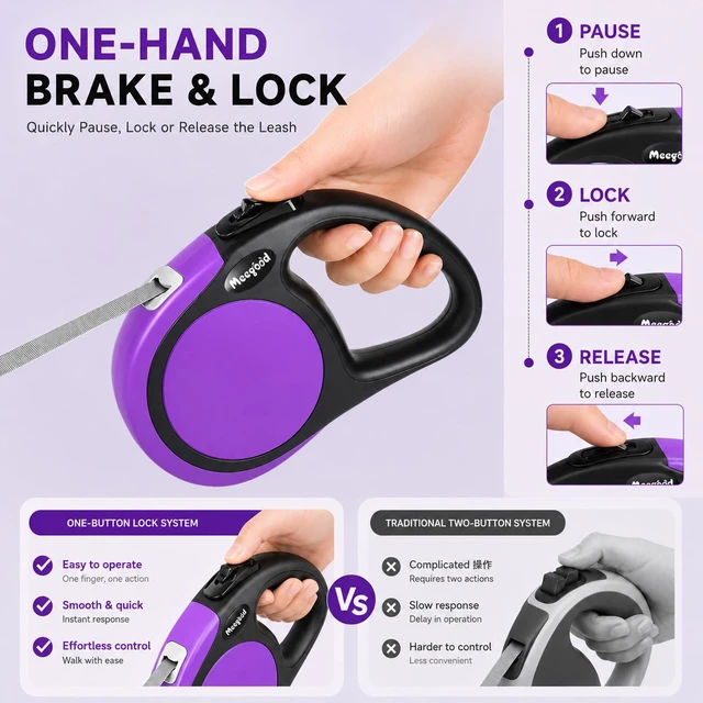 Alt view image 4 of 7 - Heavy Duty Retractable Dog Leash-16ft Strong & Durable Walking Leash for S to L Dogs up to 45/115 lbs, Upgraded Lock System, Non Slip Grip, Tangle Free (Purple, Small/Medium)
