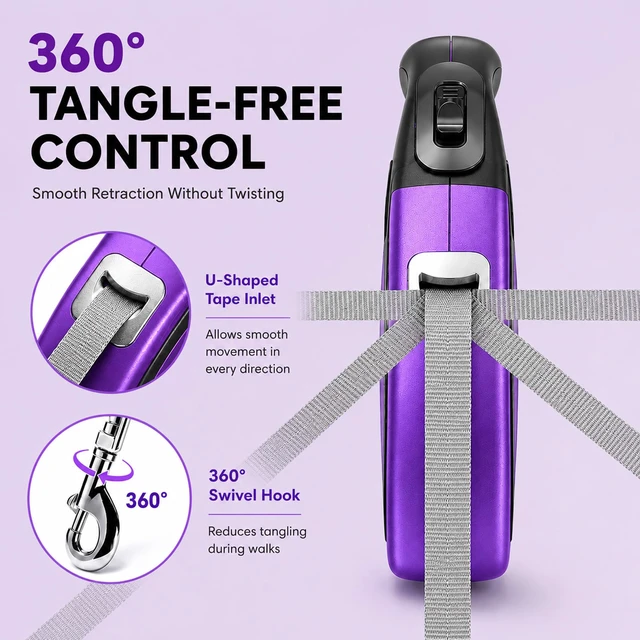 Alt view image 5 of 7 - Heavy Duty Retractable Dog Leash-16ft Strong & Durable Walking Leash for S to L Dogs up to 45/115 lbs, Upgraded Lock System, Non Slip Grip, Tangle Free (Purple, Small/Medium)