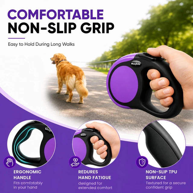 Alt view image 6 of 7 - Heavy Duty Retractable Dog Leash-16ft Strong & Durable Walking Leash for S to L Dogs up to 45/115 lbs, Upgraded Lock System, Non Slip Grip, Tangle Free (Purple, Small/Medium)