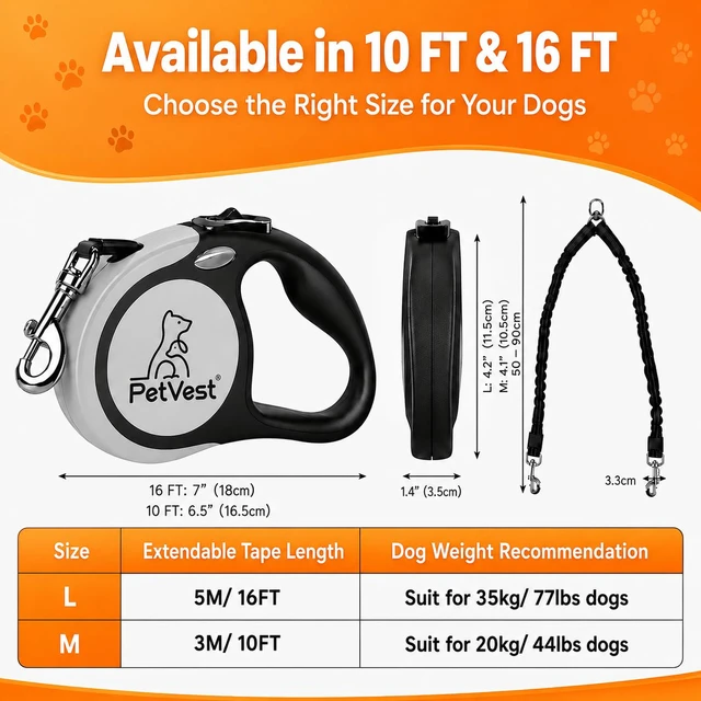 Alt view image 2 of 7 - Dual Retractable Dog Leash 16 FT Tangle-Free Leash for 2 Dogs, Detachable for Single Use, One-Button Brake & Lock, Up to 77 lbs Each, 360° Swivel, Non-Slip Handle + Poop Bag Holder