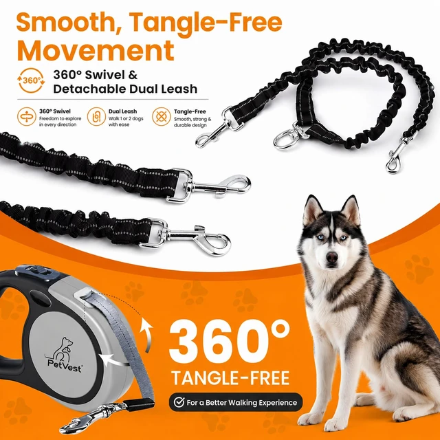 Alt view image 3 of 7 - Dual Retractable Dog Leash 16 FT Tangle-Free Leash for 2 Dogs, Detachable for Single Use, One-Button Brake & Lock, Up to 77 lbs Each, 360° Swivel, Non-Slip Handle + Poop Bag Holder
