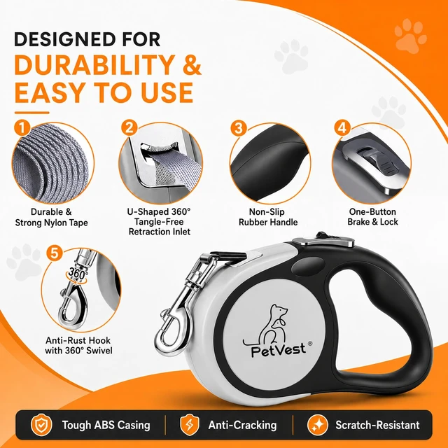 Alt view image 4 of 7 - Dual Retractable Dog Leash 16 FT Tangle-Free Leash for 2 Dogs, Detachable for Single Use, One-Button Brake & Lock, Up to 77 lbs Each, 360° Swivel, Non-Slip Handle + Poop Bag Holder