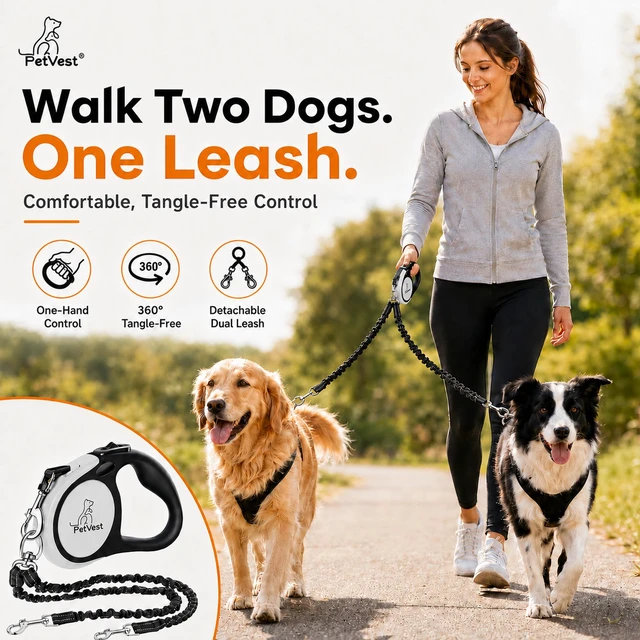 Alt view image 5 of 7 - Dual Retractable Dog Leash 16 FT Tangle-Free Leash for 2 Dogs, Detachable for Single Use, One-Button Brake & Lock, Up to 77 lbs Each, 360° Swivel, Non-Slip Handle + Poop Bag Holder