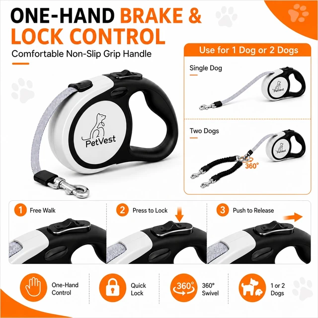 Alt view image 6 of 7 - Dual Retractable Dog Leash 16 FT Tangle-Free Leash for 2 Dogs, Detachable for Single Use, One-Button Brake & Lock, Up to 77 lbs Each, 360° Swivel, Non-Slip Handle + Poop Bag Holder