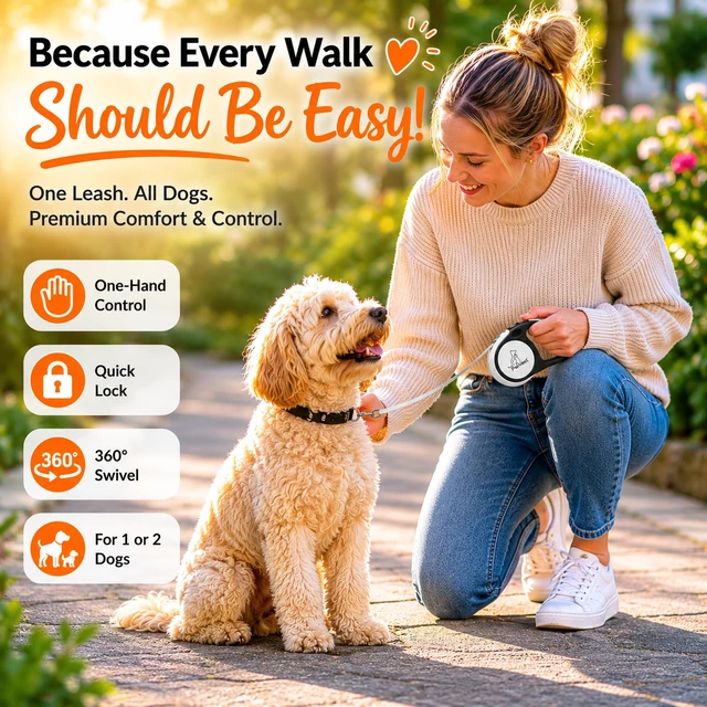 Alt view image 7 of 7 - Dual Retractable Dog Leash 16 FT Tangle-Free Leash for 2 Dogs, Detachable for Single Use, One-Button Brake & Lock, Up to 77 lbs Each, 360° Swivel, Non-Slip Handle + Poop Bag Holder