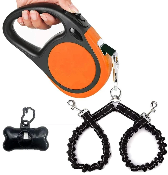 Main image of Dual Retractable Dog Leash for Small Breed (Up to 44 Lbs Each) - Double Headed 18.5 ft Extendable Pet Leash with Poop Bags, Non Slip Grip - One Button Break & Lock, 360 Tangle-Free (Orange, Medium)