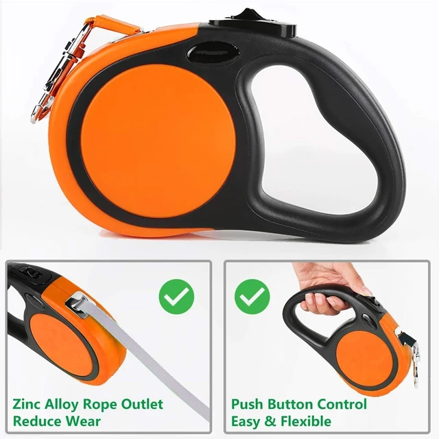 Alt view image 3 of 7 - Dual Retractable Dog Leash for Small Breed (Up to 44 Lbs Each) - Double Headed 18.5 ft Extendable Pet Leash with Poop Bags, Non Slip Grip - One Button Break & Lock, 360 Tangle-Free (Orange, Medium)
