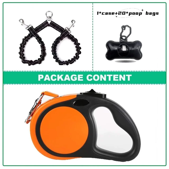 Alt view image 5 of 7 - Dual Retractable Dog Leash for Small Breed (Up to 44 Lbs Each) - Double Headed 18.5 ft Extendable Pet Leash with Poop Bags, Non Slip Grip - One Button Break & Lock, 360 Tangle-Free (Orange, Medium)