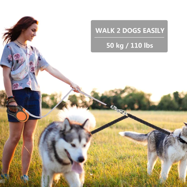 Alt view image 7 of 7 - Dual Retractable Dog Leash for Small Breed (Up to 44 Lbs Each) - Double Headed 18.5 ft Extendable Pet Leash with Poop Bags, Non Slip Grip - One Button Break & Lock, 360 Tangle-Free (Orange, Medium)