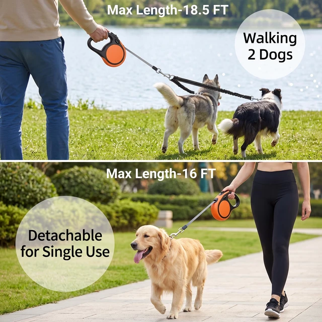 Alt view image 6 of 7 - Dual Retractable Dog Leash for Small Breed (Up to 44 Lbs Each) - Double Headed 18.5 ft Extendable Pet Leash with Poop Bags, Non Slip Grip - One Button Break & Lock, 360 Tangle-Free (Orange, Medium)