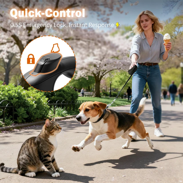 Alt view image 3 of 7 - Retractable Dog Leash 16 FT Tape, up to 55 lb, No Tangle | Strong Nylon Tape No Tangle, Heavy Duty, One-Handed Brake Lock