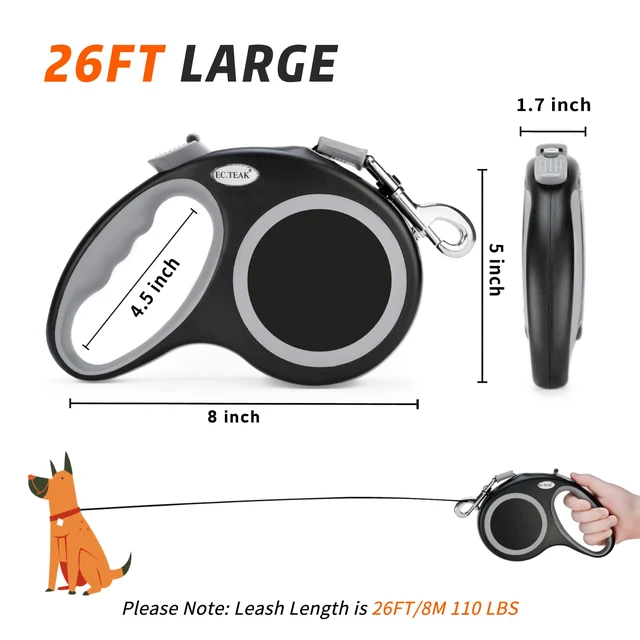 Alt view image 3 of 6 - Retractable Dog Leash 26 FT, Heavy Duty Dog Leash for Dogs up to 110lbs, Strong Nylon Tape No Tangle, One-Handed Brake, Pause, Lock, Perfect for Medium Large Dogs (Black, 26 FT(66-110 LBS))