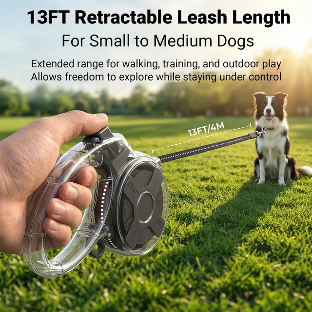 Alt view image 6 of 7 - Retractable Dog Leash for Small Dogs, 13ft Reflective Retractable Leash with 360° Tangle-Free Design, Heavy Duty Nylon Tape Lead for Small to Medium Pets up to 50 lbs One-Handed Brake & Lock